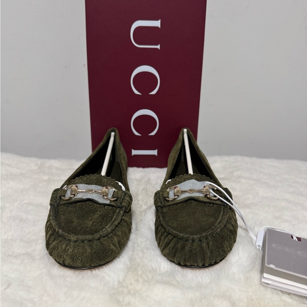 Gucci Olive Green Suede Horsebit Moccasins - Picture 2 of 5